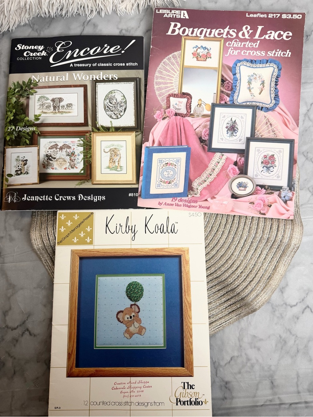 Vtg Cross Stitch Lot Natural Wonders Bouquets & Lace & Koala 1982 & 1999 books